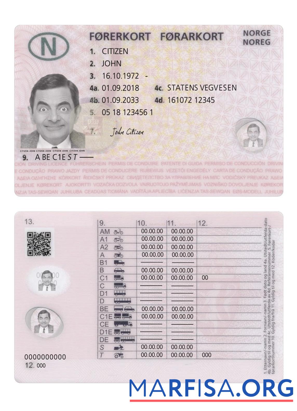 Downloadable Norway driving license 2018 present sample